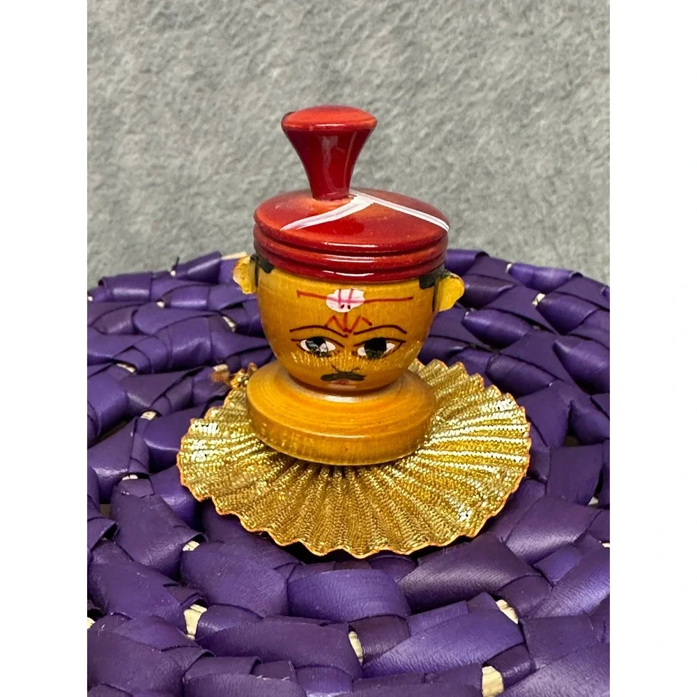 Palm Leaf Basket Purple Natural Woven Lidded Box with Figurine Finial Handcraft
